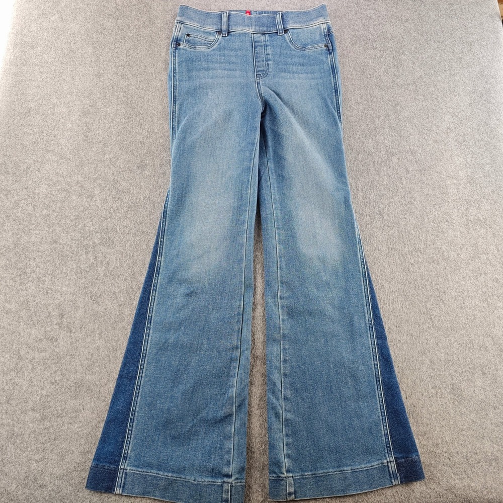 Spanx Flare Jeans Women Small Blue Denim Side Stripe Pull On Stretch Wide Leg